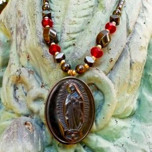 Vintage Virgin de Guadalupe Pendant Necklace with Carved Hematite and Glass Bead